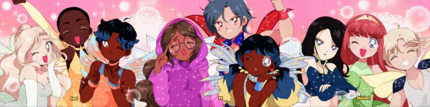 1990s_(style) 6+girls ^_^ ahoge annoyed arm_up bad_id bad_twitter_id bare_shoulders bishoujo_senshi_sailor_moon black_hair blonde_hair blue_arm_warmers blue_cape blue_eyes blue_shirt blue_wings bra bracelet bracer breasts brown_eyes brown_hair bubble cape choker cleavage closed_eyes collared_shirt commentary commission crop_top dark-skinned_female dark_skin dot_nose double_finger_gun dress earrings english_commentary english_text eyelashes eyeshadow face_piercing fairy fairy_wings fake_screenshot faux_retro_artstyle finger_gun finger_to_eyewear glasses glitter gold_tiara green_dress green_wings grey_eyes grey_hair grin hair_between_eyes hair_bun hair_through_headwear hand_on_own_cheek hand_on_own_face happy heads_together heart heart_earrings highres honeymoonpetal hood hood_up hoodie jewelry lace lace_bra light_blush lip_piercing long_hair long_sleeves looking_at_viewer magical_girl makeup midriff multiple_girls muscular muscular_female one_eye_closed open_mouth orange_choker orange_dress original parody piercing pink_background purple_hoodie red_wings retro_artstyle round_eyewear shirt short_hair single_earring single_hair_bun sleeveless sleeveless_dress sleeveless_shirt smile sparkle strapless strapless_dress style_parody tareme tiara tsurime underwear upper_body very_dark_skin very_long_hair very_short_hair wavy_hair white_arm_warmers wings winx_club yellow_arm_warmers yellow_choker yellow_dress yellow_eyeshadow yellow_wings