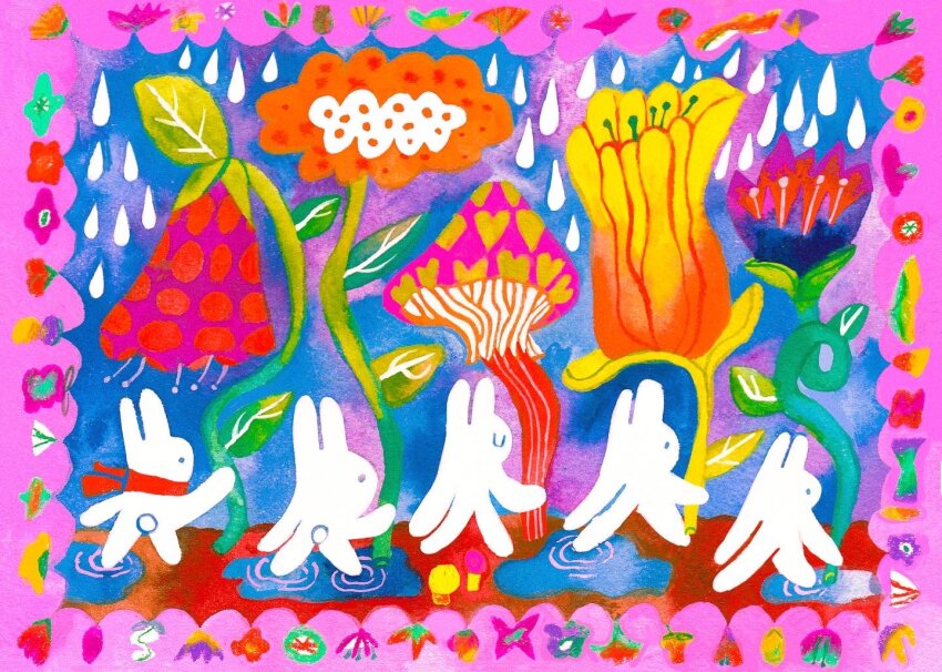 closed_eyes commentary english_commentary flower framed heart multicolored_background multiple_others mushroom no_humans oddrabid original plant pop_art rabbit red_scarf scarf surreal walking water water_drop