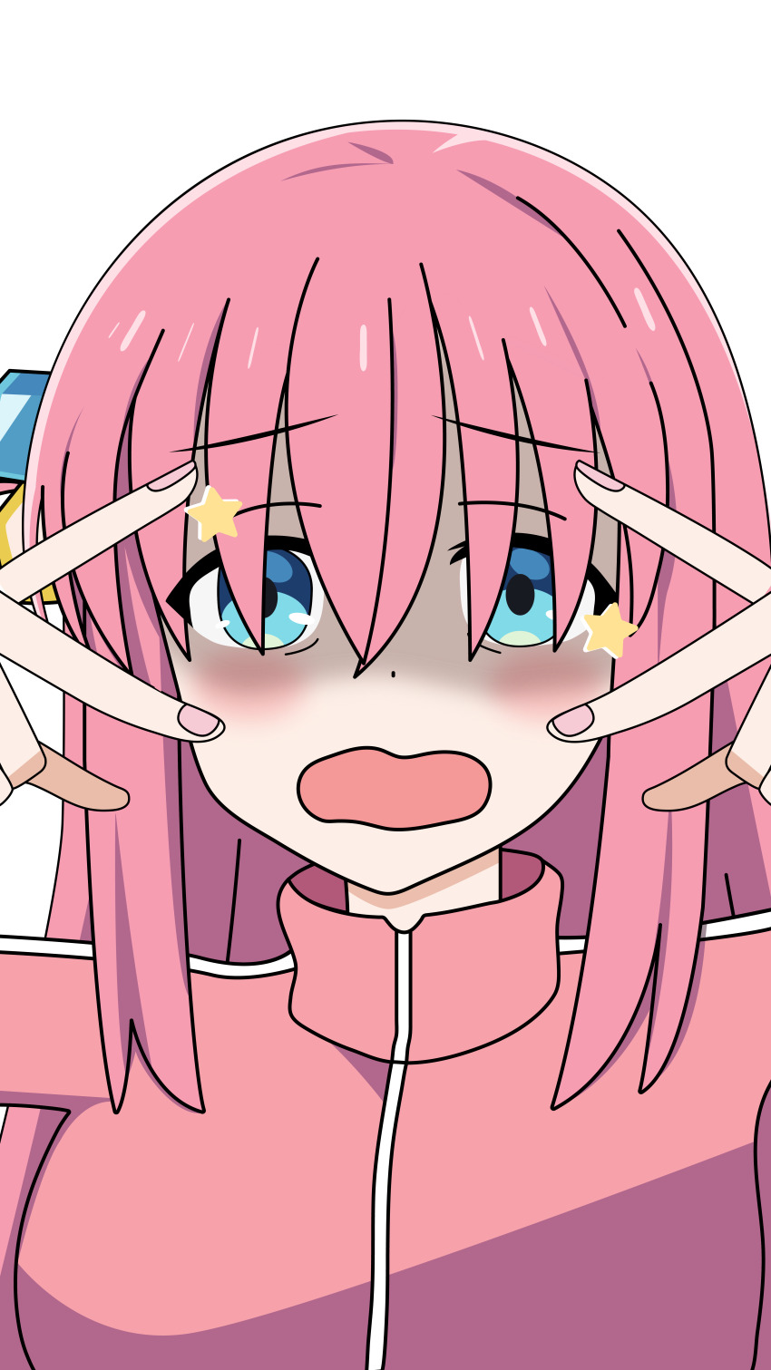 1girl absurdres blue_eyes bocchi_the_rock! cube_hair_ornament double_inward_v gotoh_hitori hair_between_eyes hair_ornament highres inward_v jacket long_hair long_sleeves looking_at_viewer m@gical_cure!_love_shot!_(vocaloid) meme miku_miku_beaaaam!!_(meme) open_mouth pgh628 pink_hair pink_jacket simple_background solo track_jacket v v_over_eye white_background