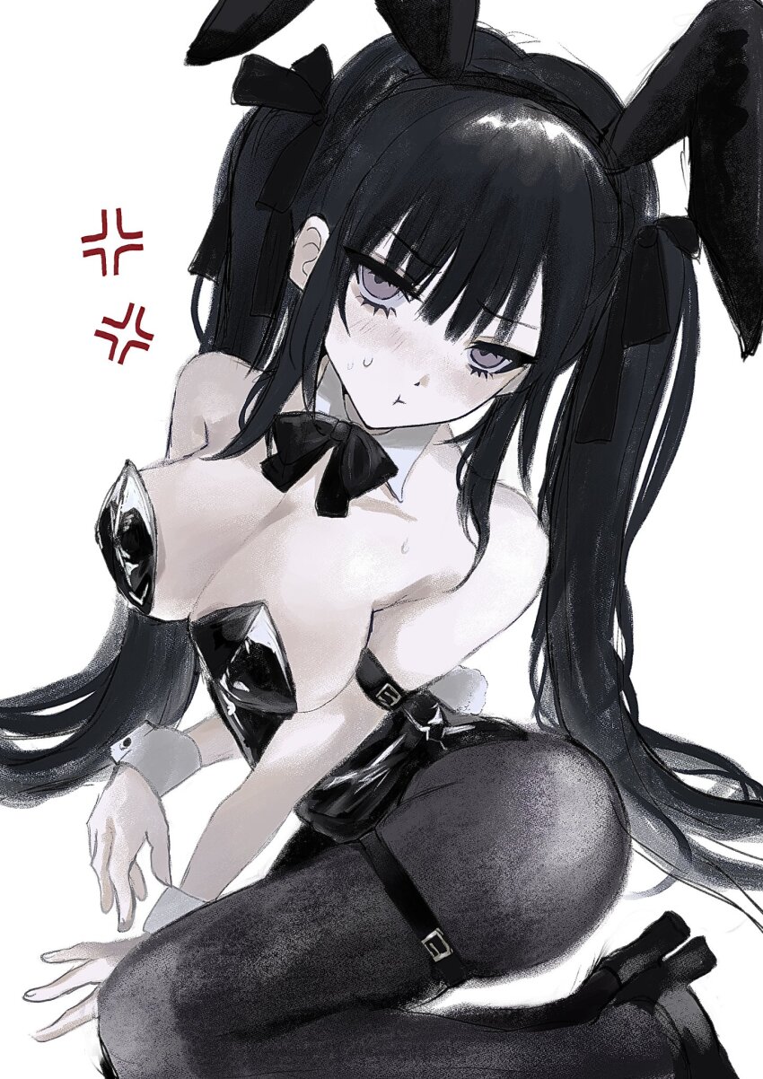 1girl akai_ringo_(eveyuno) animal_ears black_ribbon bodysuit grey_eyes highres latex latex_bodysuit neck_ribbon non-web_source original purple_hair rabbit_ears ribbon sitting solo white_background