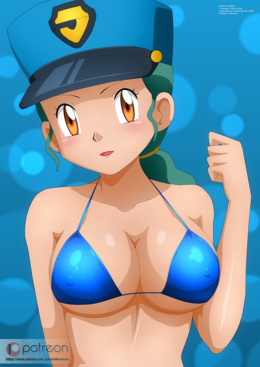 1girl bikini blue_background blue_bikini blue_hat blush breasts brown_eyes bubble_background cleavage collarbone covered_erect_nipples creatures_(company) game_freak green_hair hat jenny_(pokemon) large_breasts long_hair looking_at_viewer nintendo open_mouth pokemon pokemon_(anime) pokemon_xy_(anime) police police_hat police_uniform policewoman ponytail red_lips standing swimsuit underboob upper_body zel-sama