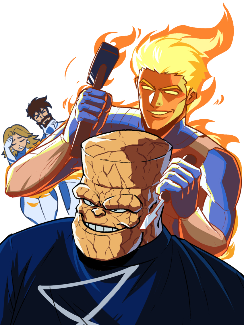 1girl 3boys barber beard ben_grimm blonde_hair blue_bodysuit bodysuit chisel choso_giving_toudou_a_haircut_(meme) cutting_hair facial_hair fantastic_four fire hammer highres human_torch johnny_storm long_hair looking_at_viewer marvel marvel_rivals meme multiple_boys reed_richards simple_background smile sue_storm superhero_costume tina_fate two-tone_bodysuit