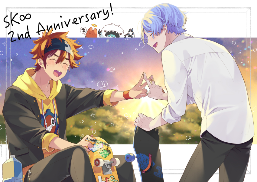 2boys ^_^ anniversary bad_id bad_twitter_id black_pants blue_hair blurry blurry_background bottle closed_eyes collared_shirt hasegawa_langa headband highres hood hoodie kyan_reki male_focus multiple_boys open_mouth orange_hair pants shirt sitting sk8_the_infinity skateboard sky smile uppi v water_bottle