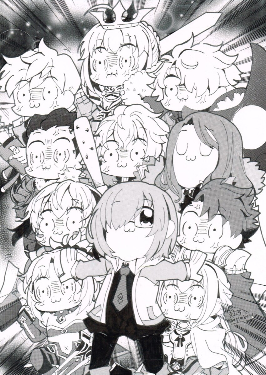 4girls 6+boys :3 agravain_(fate) anger_vein ariabosu armor artoria_pendragon_(fate) bedivere_(fate) bkub_(style) cape chibi chibi_only closed_eyes crown fate/grand_order fate_(series) fur-trimmed_cape fur_trim galahad_(fate) gareth_(fate) gawain_(fate) glasses greyscale hair_over_one_eye highres holding holding_back holding_sword holding_weapon jacket knights_of_the_round_table_(fate) lancelot_(fate/grand_order) long_hair mash_kyrielight monochrome mordred_(fate) multiple_boys multiple_girls necktie percival_(fate) saber_(fate) shirt short_hair skirt spiked_bat sword tristan_(fate) weapon