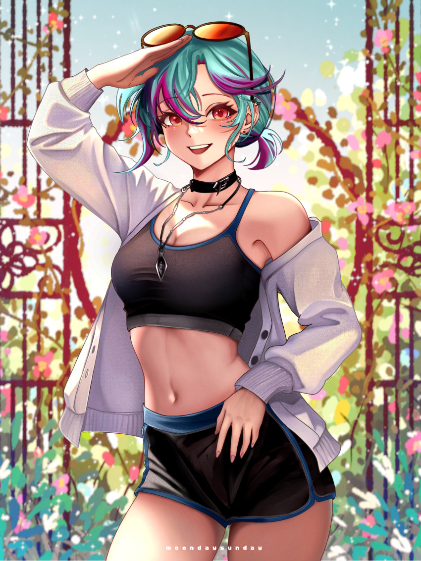 1girl aqua_hair archer_(dungeon_and_fighter) bare_shoulders black_choker black_shirt black_shorts blurry blurry_background breasts choker cleavage commission cowboy_shot crop_top dolphin_shorts dungeon_and_fighter eyewear_on_head highres hunter_(dungeon_and_fighter) jacket jewelry long_sleeves looking_at_viewer matchacha medium_breasts midriff multicolored_hair navel necklace off_shoulder open_clothes open_jacket open_mouth ponytail red_eyes salute shirt short_hair short_ponytail shorts sleeveless sleeveless_shirt smile solo stomach streaked_hair sunglasses two-tone_hair white_jacket