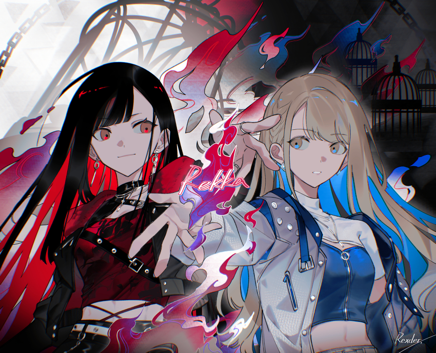 2girls absurdres animal_ears azusawa_kohane birdcage black_hair black_jacket blue_eyes blue_hair blue_shirt brown_hair cage colored_inner_hair commentary_request crop_top fire hand_up highres jacket jewelry jingzhaowhale long_hair midriff multicolored_hair multiple_girls multiple_rings official_alternate_costume official_alternate_hair_length official_alternate_hairstyle project_sekai red_eyes red_hair red_shirt ring shiraishi_an shirt whip_the_wimp_girl!!_(project_sekai) white_jacket