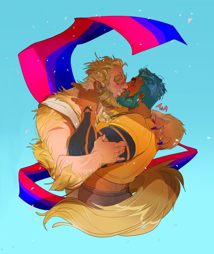 2boys arm_tattoo bara beard bisexual_flag bisexual_male blonde_hair blue_hair body_fur commission couple cropped_shirt cropped_torso dark-skinned_male dark_skin facial_hair fingernails flag_background freckles from_side full_beard hairy hand_hair highres huge_eyebrows husband_and_husband interracial jewelry kiss knuckle_hair lgbt_pride male_focus mature_male monster_boy multiple_boys multiple_rings muscular muscular_male original pejnt_(pejntboks) pointy_ears prehensile_tail profile ring second-party_source sharp_fingernails short_hair tail tail_around_another&#039;s_leg tank_top tattoo thick_arm_hair thick_back_hair thick_beard thick_chest_hair thick_eyebrows tusks very_hairy white_tank_top yaoi