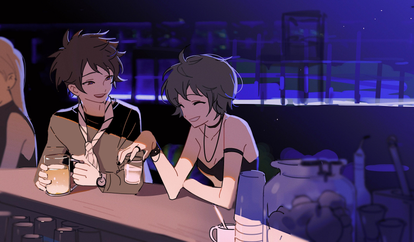 1boy 1girl absurdres alcohol alternate_costume ascot bar_(place) beer beer_mug black_choker black_dress black_hair black_nails black_shirt bracelet breasts brown_hair choker cleavage closed_eyes collarbone cup dress harada_minoru highres holding holding_cup indoors isoi_rai jewelry light_particles mug necklace open_mouth ring saibou_shinkyoku shirt short_hair small_breasts smile strapless strapless_dress striped_ascot wobuzaia yellow_ascot
