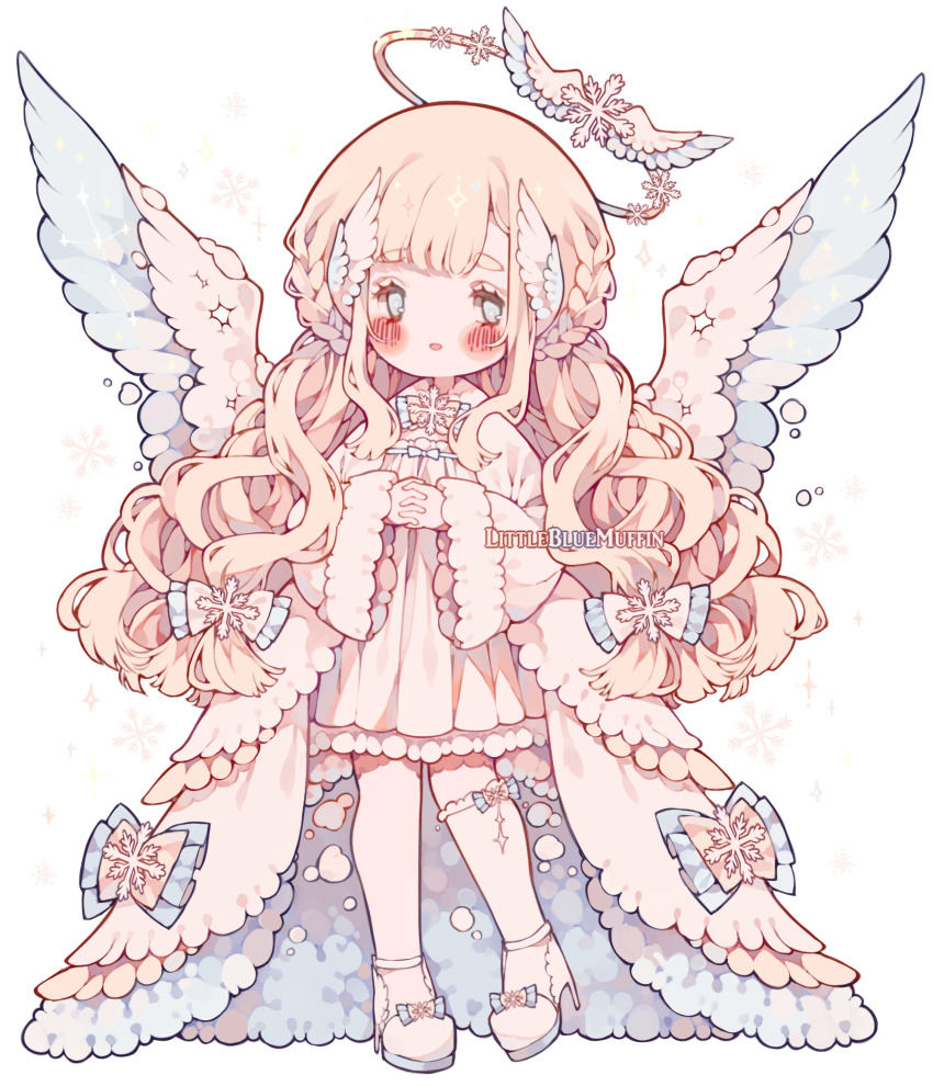 1girl angel angel_wings artist_name asymmetrical_legwear blonde_hair blue_eyes blush blush_stickers bow bow_legwear bowtie braid chibi commentary dress english_commentary eyelashes feathered_wings footwear_bow french_braid frilled_bow frilled_bowtie frilled_dress frilled_thighhighs frills fur-trimmed_sleeves fur_trim hair_bow hair_ornament halo high_heels highres juliet_sleeves layered_clothes littlebluemuffin long_hair long_sleeves looking_ahead open_mouth original own_hands_clasped own_hands_together painttool_sai_(medium) puffy_sleeves robe short_dress single_thighhigh smile snow snowflake_brooch snowflake_hair_ornament sparkle thighhighs transparent_background watermark wavy_hair white_bow white_bowtie white_dress white_footwear white_robe white_thighhighs white_wings wide_sleeves wing_hair_ornament wings