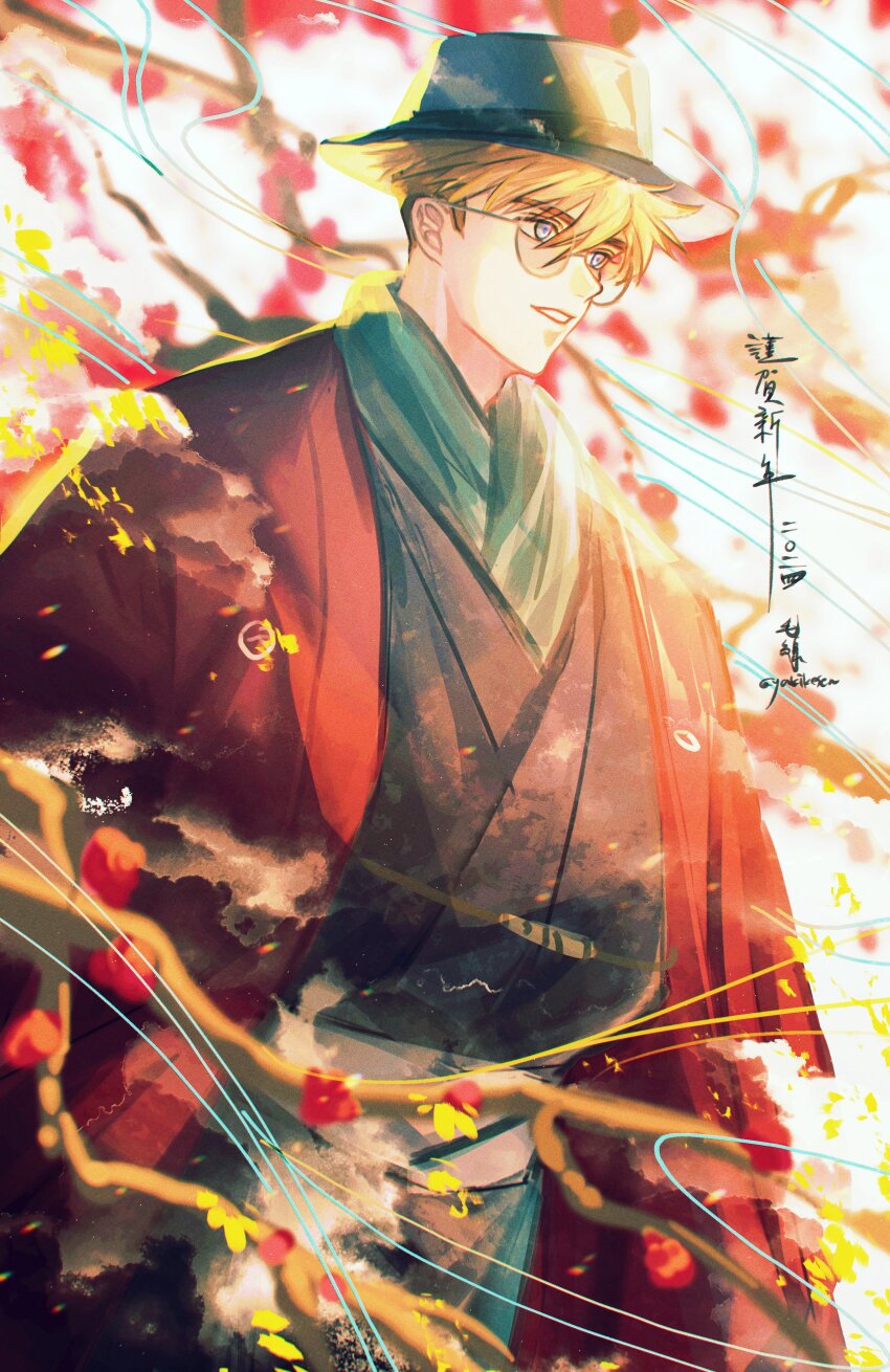 1boy absurdres black_hat blonde_hair blue_eyes branch flower glasses hat highres japanese_clothes long_sleeves looking_ahead male_focus parted_lips plum_blossoms short_hair solo translation_request trigun trigun_stampede vash_the_stampede yakikesen