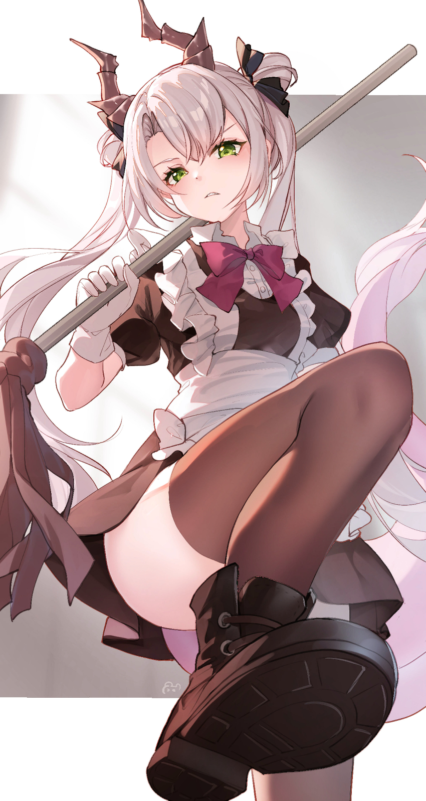 1girl bison_cangshu boots bow breasts brown_boots brown_dress brown_thighhighs collared_shirt commentary_request double_bun dragon_girl dragon_horns dragon_tail dress dress_shirt gloves green_eyes grey_hair hair_between_eyes hair_bun highres holding holding_mop horns long_hair looking_at_viewer mop original parted_lips puffy_short_sleeves puffy_sleeves purple_bow shirt shoe_soles short_sleeves small_breasts solo standing standing_on_one_leg tail thighhighs thighhighs_under_boots twintails very_long_hair white_gloves white_shirt