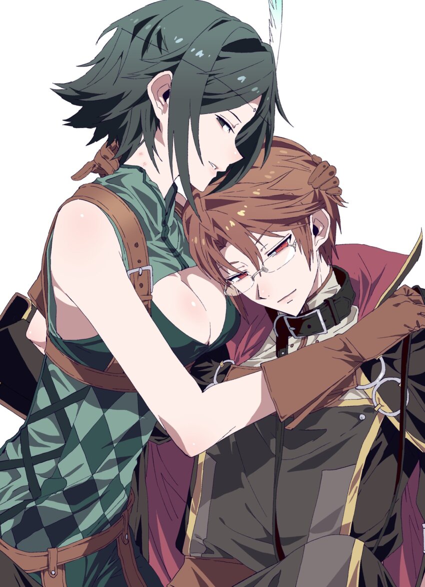 1boy 1girl bare_shoulders belt belt_collar black_belt black_eyes black_hair breasts brown_gloves brown_hair cape cleavage cleavage_cutout closed_mouth clothing_cutout collar commentary_request feather_hair_ornament feathers fire_emblem fire_emblem_awakening glasses gloves green_shirt hair_ornament hand_on_another&#039;s_head hand_on_another&#039;s_neck hetero high_collar highres holding holding_leash laurent_(fire_emblem) leash leather leather_gloves looking_at_viewer looking_to_the_side medium_breasts nintendo noire_(fire_emblem) parted_lips red_eyes shirt short_hair sidelocks simple_background sleeveless sleeveless_shirt tsujii_luki upper_body white_background