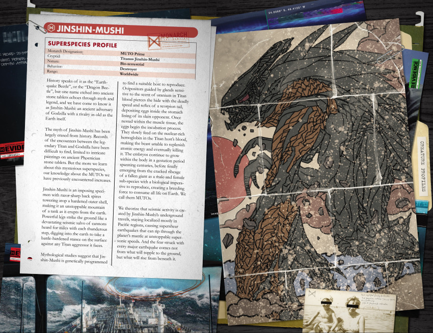absurdres cave_paintings character_name character_profile conspiracy cross_promotion giant giant_monster glyph godzilla:_aftershock godzilla_(series) hieroglyphics highres kaiju legendary_pictures monarch_(monsterverse) monster monsterverse mural muto_(godzilla) muto_prime ocean official_art photo_(object) promotional_art science spikes text_focus tie-in toho viral_marketing watercraft