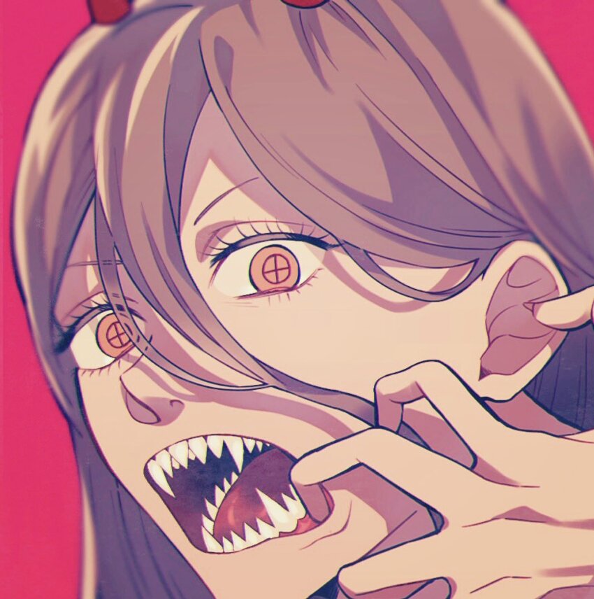 1girl blurry brown_hair chainsaw_man close-up commentary_request cross-shaped_pupils depth_of_field eyes_visible_through_hair fangs hair_behind_ear hair_between_eyes highres horns llq9ull mouth_pull orange_eyes portrait power_(chainsaw_man) red_background red_horns sharp_teeth solo symbol-shaped_pupils teeth