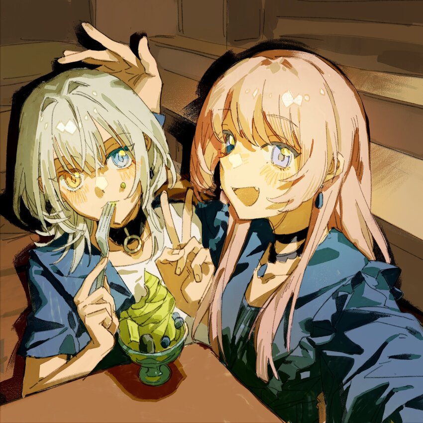 2girls :&lt; :d bang_dream! bang_dream!_it&#039;s_mygo!!!!! black_choker blue_eyes blue_gemstone blue_jacket blunt_ends blush chihaya_anon choker collarbone commentary cup earrings fang fingernails food food_on_face fork frilled_jacket frills gem glass grey_hair hair_between_eyes half-jacket hand_up hashtag-only_commentary heterochromia highres holding holding_fork indoors jacket jewelry kaname_raana long_hair long_sleeves looking_at_viewer matcha_(food) matcha_parfait multiple_girls necklace open_mouth outstretched_arm parfait pink_hair shirt short_hair short_sleeves side-by-side single_earring smile swept_bangs symbol-only_commentary table upper_body utensil_in_mouth v white_shirt xianzhaosketch yellow_eyes