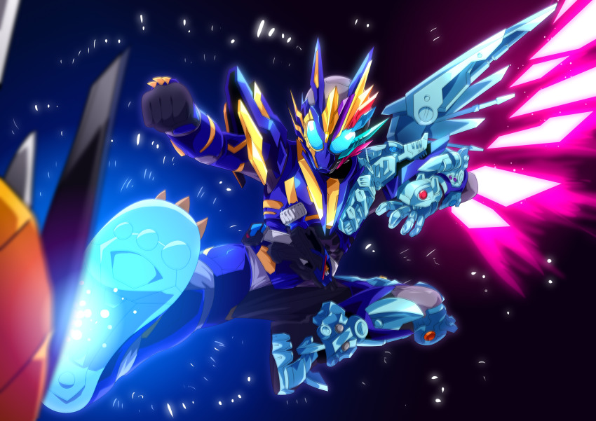 2boys absurdres armor asymmetrical_armor blue_armor blue_eyes body_armor boots gloves glowing glowing_eyes gun helmet highres holding holding_gun holding_weapon kamen_rider kamen_rider_01_(series) kamen_rider_thouser kamen_rider_vulcan looking_at_viewer male_focus multiple_boys otokamu power_armor rampage_vulcan rider_belt rider_kick shot_riser solo_focus spikes tokusatsu weapon
