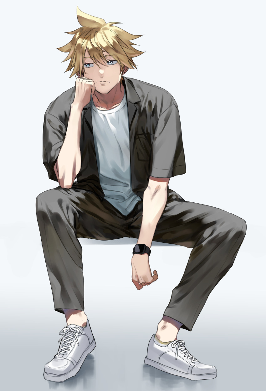 1boy :/ absurdres arm_up black_pants black_shirt blonde_hair breast_pocket closed_mouth collarbone commentary_request crew_neck curled_fingers elbow_on_thigh full_body hair_between_eyes head_rest highres kagamine_len looking_to_the_side male_focus pants pocket shirt shoes short_hair short_sleeves sideways_glance simple_background sitting sneakers solo t-shirt tetorutti35 vocaloid watch white_background white_shirt white_shoes wristwatch