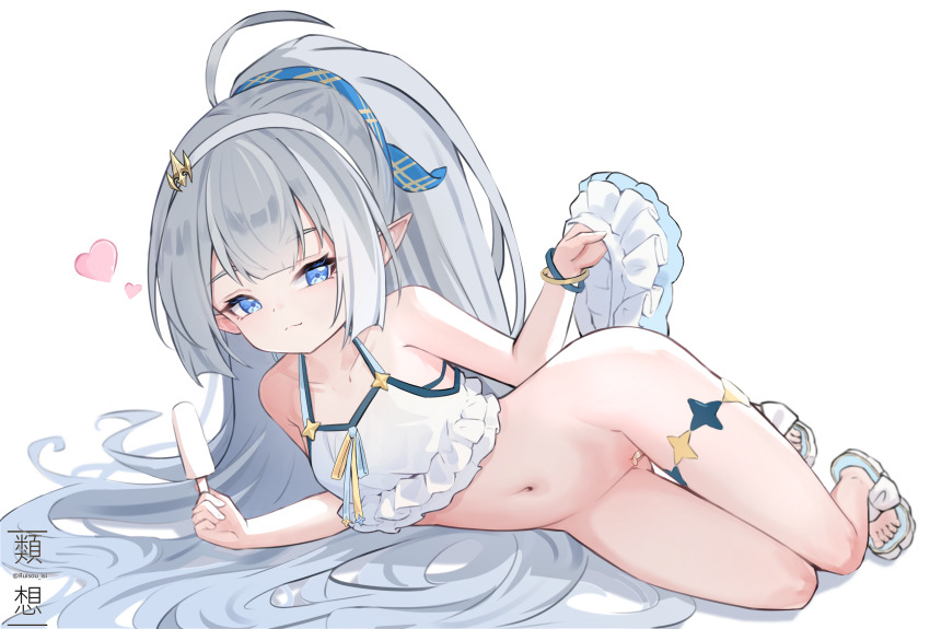 1girl ahoge artist_name bandaid bandaid_on_pussy bare_shoulders bikini bikini_skirt blue_eyes blue_ribbon checkered_ribbon collarbone commentary english_commentary extra_pupils feet female_tyrant_(stella_sora) food frilled_bikini frills gluteal_fold grey_hair hair_ornament hair_ribbon hairband heart high_ponytail highres holding holding_food holding_popsicle huge_ahoge loli long_hair lying navel on_side pointy_ears ponytail popsicle pussy pussy_peek ren_ruisou ribbon sandals simple_background smug solo stella_sora stomach swimsuit thigh_gap thighs toes twitter_username tyrant_(stella_sora) unworn_bikini_bottom very_long_hair white_background white_bikini white_hairband wristband