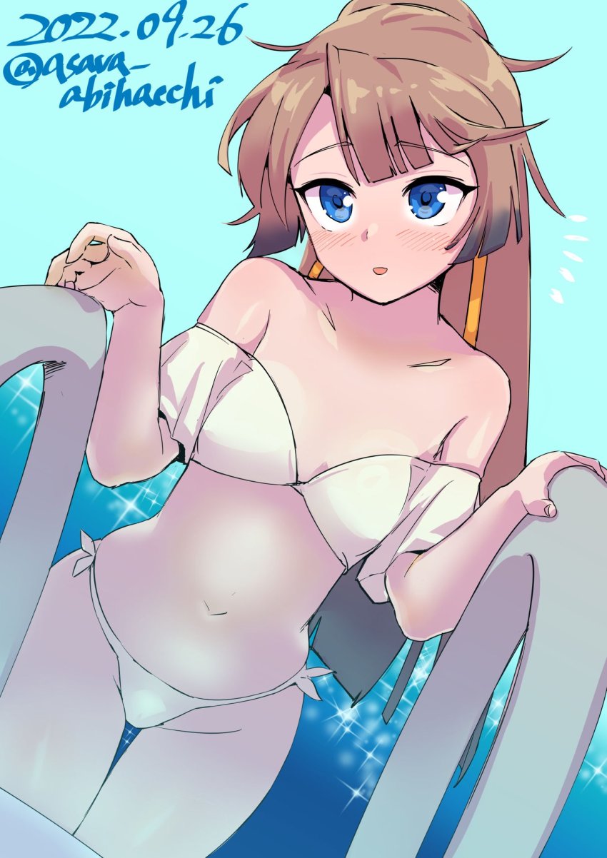 1girl asava_(hutaitenn) bikini blurry brown_hair depth_of_field grey_eyes hair_ribbon highres kantai_collection kazagumo_(kancolle) kazagumo_kai_ni_(kancolle) kazagumo_kai_ni_(swimsuit)_(kancolle) long_hair one-hour_drawing_challenge ponytail pool_ladder ribbon side-tie_bikini_bottom solo swimsuit white_bikini
