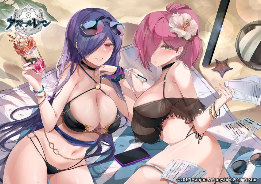 2girls azur_lane bare_shoulders beach_towel bikini black_bikini blue_hair blush bracelet breasts cellphone choker cleavage commentary_request dolechan eyewear_on_head fingernails flower food green_eyes hair_flower hair_ornament hair_over_one_eye hibiscus holding ice_cream ice_cream_cup jewelry large_breasts logo long_hair looking_at_viewer mechanical_pencil multiple_girls nail_polish navel o-ring o-ring_bikini off-shoulder_bikini off_shoulder official_alternate_costume official_art paper parted_lips pencil phone pink_hair ponytail red_eyes shiny_skin smile starfish stomach sunglasses swimsuit thighs towel trento_(azur_lane) trento_(summer&#039;s_hotness?)_(azur_lane) trieste_(azur_lane)