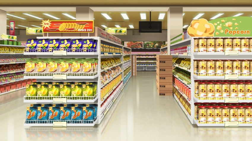 box cardboard_box ceiling_light chips_(food) english_text food grocery_store highres indoors monitor no_humans non-web_source official_art our_life:_beginnings_and_always popcorn reflective_floor shelf shop sign snack stocking_shelves tile_floor tiles