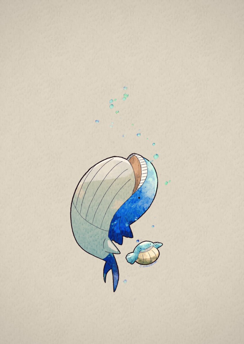 animal_focus artist_name commentary_request evolutionary_line gen_3_pokemon highres nintendo no_humans open_mouth pokemon pokemon_(creature) simple_background solid_circle_eyes teeth twitter_username wailmer wailord whale white_background zozozoshion