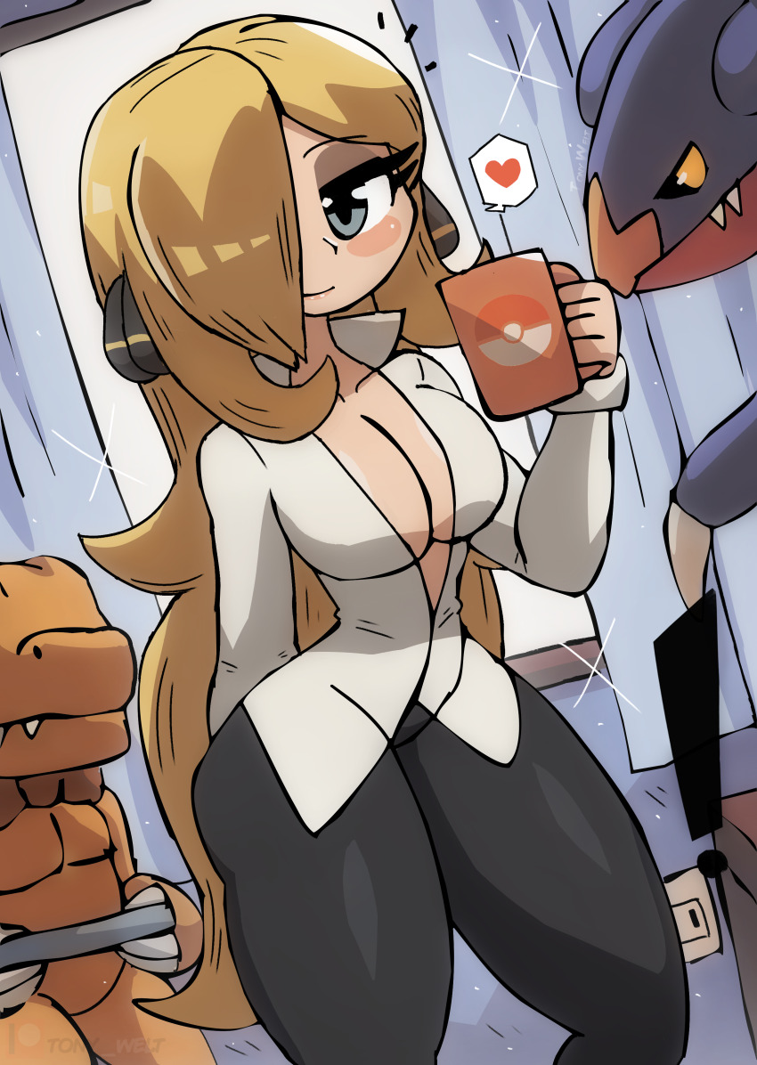 ! 1girl absurdres agumon animal black_eyes black_pants blonde_hair blush breasts claws cleavage collarbone colored_sclera crossover cup curtains cynthia_(pokemon) digimon digimon_(creature) digimon_adventure dragon electrical_outlet garchomp gen_4_pokemon hair_ornament heart highres holding holding_cup holding_tray large_breasts lizard long_hair long_sleeves looking_at_viewer mug nintendo pants poke_ball_symbol pokemon pokemon_(creature) pokemon_dppt sharp_teeth shirt smile sparkle speech_bubble spoken_heart standing teeth thick_thighs thighs tony_welt tray white_shirt wide_hips window yellow_sclera