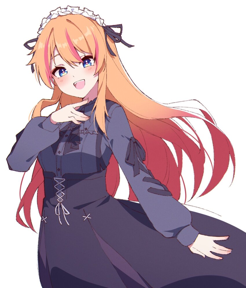 1girl black_bow black_neckerchief black_shirt black_skirt blue_eyes blush bow corset cowboy_shot cross-shaped_pupils hair_ribbon hand_on_own_chest highres long_hair long_sleeves looking_at_viewer maid_headdress multicolored_hair neckerchief open_mouth orange_hair pink_hair reject_(esports) ribbon rosec_pin seion shirt sidelocks simple_background skirt smile solo streaked_hair symbol-shaped_pupils two-tone_hair virtual_youtuber white_background