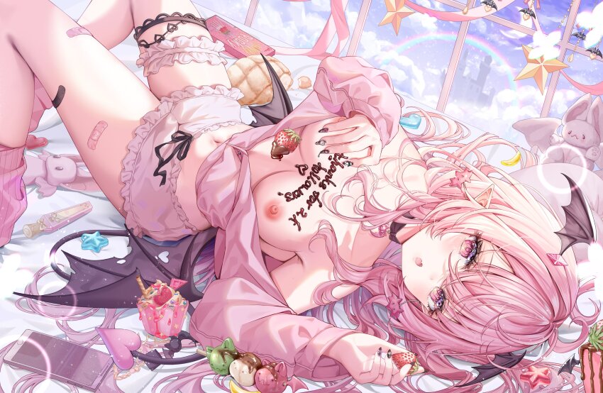 1girl absurdres ahoge artist_name bandaid breasts carrot cellphone character_request commentary commission crescent english_commentary food fruit hair_between_eyes highres holding holding_food indie_virtual_youtuber isari_sensei knees_up long_hair long_sleeves looking_at_viewer lying medium_breasts navel nipples open_mouth phone pink_hair rabbit rainbow star_(symbol) strawberry twintails virtual_youtuber wings
