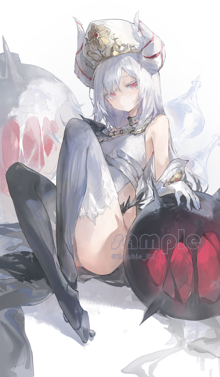 1girl absurdres ass bare_shoulders belt belt_collar black_shoes black_thighhighs breasts cameltoe closed_mouth collar colored_eyelashes commission crown gloves gold_crown gradient_thighhighs hat headpat highres horns leotard long_hair looking_at_viewer mihuashi_commission original panties red_eyes sample_watermark shoes sitting small_breasts solo thighhighs thighs twitter_username underwear watermark white_background white_belt white_eyelashes white_gloves white_hair white_hat white_horns white_leotard white_panties white_thighhighs zombie_ke
