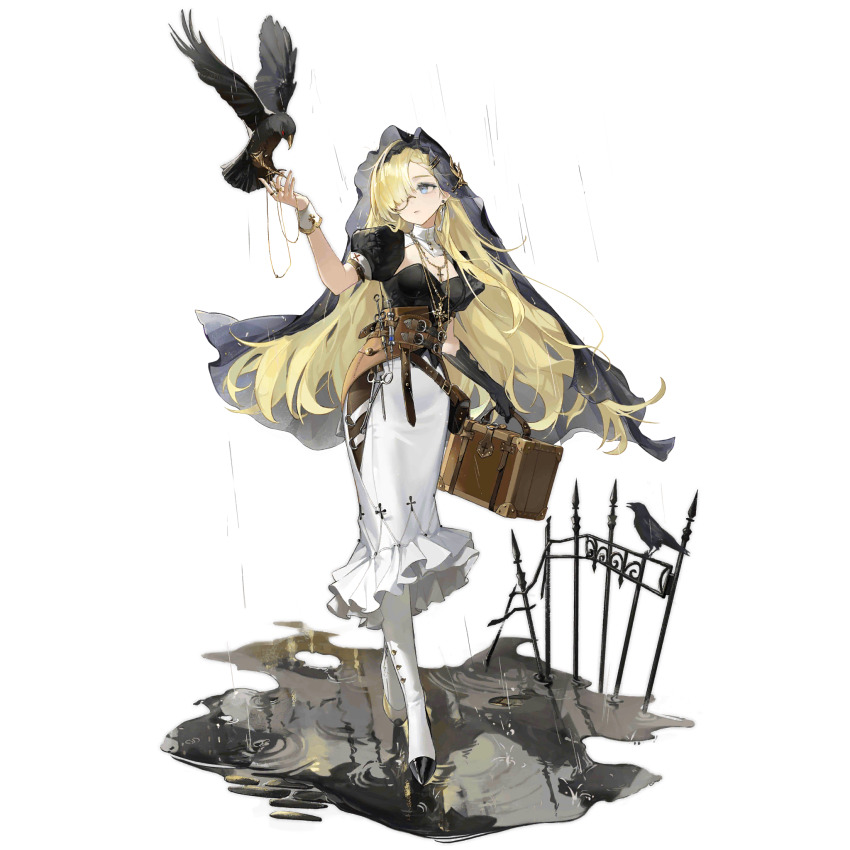 1girl asymmetrical_footwear belt_pouch bird black_corset black_gloves black_sleeves black_veil blonde_hair blue_eyes boots breasts brown_bag closed_mouth collar corset cross cross_necklace crow cz52_(crow-expelling_dark_sorceress)_(girls&#039;_frontline) cz52_(girls&#039;_frontline) detached_collar earrings elbow_gloves fence full_body girls&#039;_frontline gloves hair_over_one_eye hand_up highres holding holding_suitcase iron_fence jewelry knee_boots large_breasts long_hair long_skirt looking_at_animal looking_to_the_side mole mole_under_eye monocle multiple_necklaces necklace official_alternate_costume official_art pouch prosthesis prosthetic_leg puddle rain side_slit simple_background single_earring single_glove single_wrist_cuff skirt solo standing suitcase surgical_scissors syringe third-party_source tool_belt transparent_background veil very_long_hair waist_bag white_boots white_collar white_skirt white_wrist_cuffs wrist_cuffs xiao_chichi
