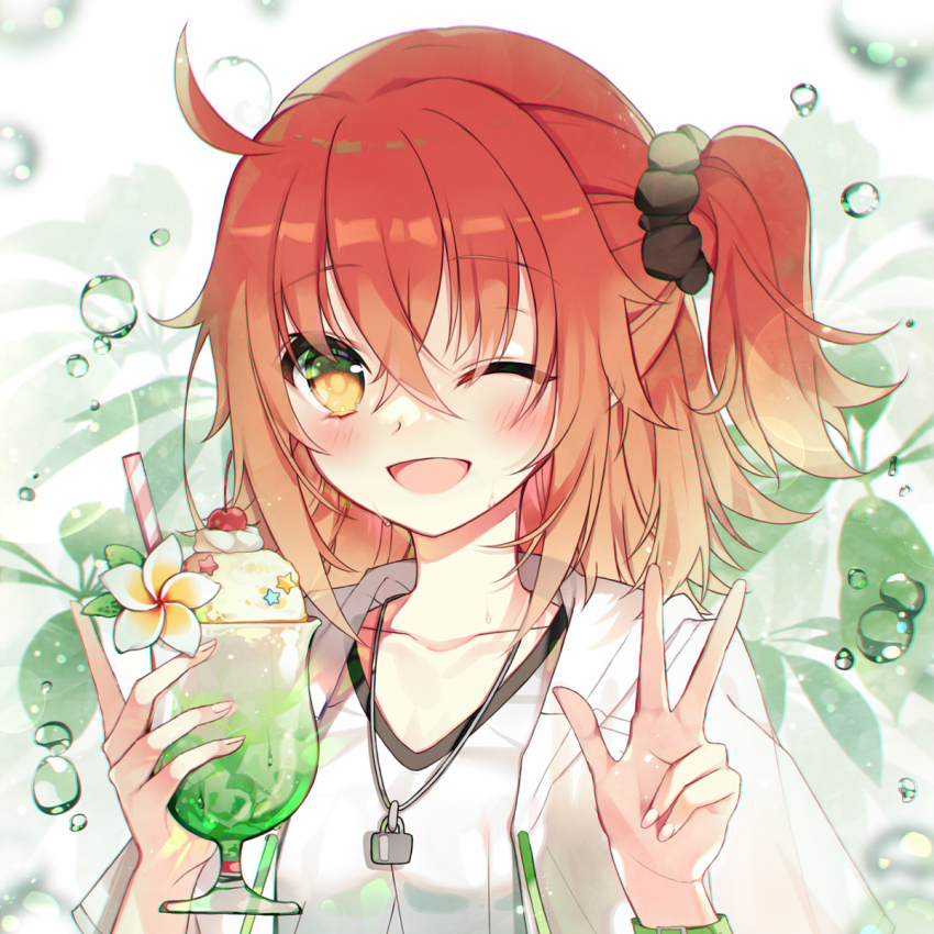 ;d ahoge black_scrunchie fate/grand_order fate_(series) flower food fujimaru_ritsuka_(female) fujimaru_ritsuka_(female)_(summer_street) hair_ornament hair_scrunchie highres hiyunagi holding jacket jewelry medium_hair multicolored_flower necklace one_eye_closed open_mouth orange_hair parfait scrunchie shirt side_ponytail smile tank_top v white_jacket white_shirt white_tank_top yellow_eyes