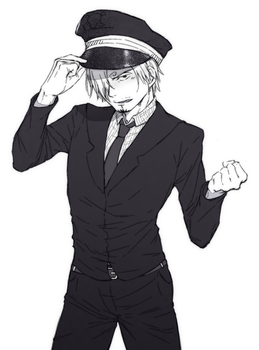 1boy adjusting_clothes adjusting_headwear beard_stubble belt brener chinese_commentary collared_shirt commentary_request cowboy_shot curly_eyebrows facial_hair gloves greyscale hair_over_one_eye hat highres lapels male_focus monochrome mustache_stubble necktie notched_lapels one_piece open_mouth pants sanji_(one_piece) shirt short_hair simple_background solo striped_clothes striped_shirt stubble vertical-striped_clothes vertical-striped_shirt white_background