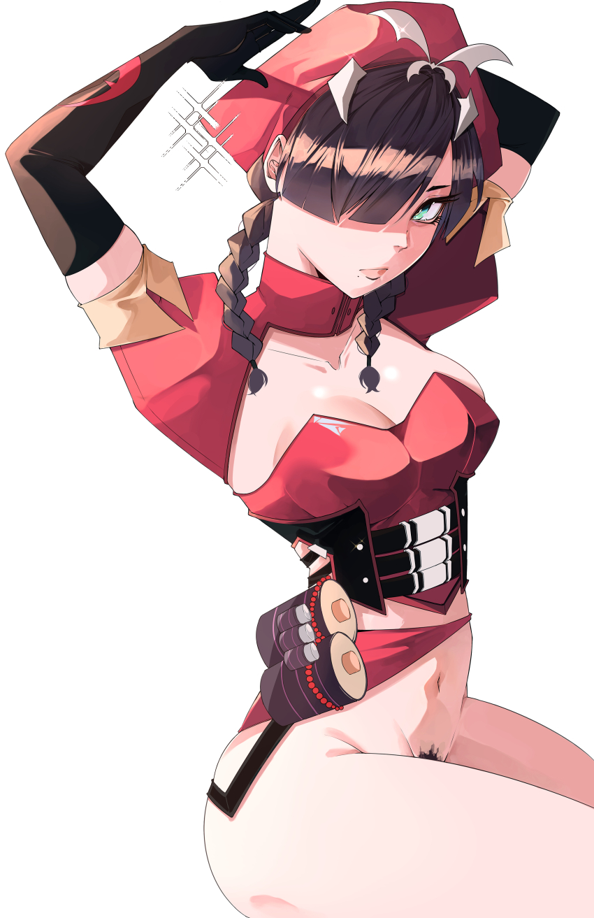 1girl absurdres aqua_eyes arms_up belt black_gloves black_hair blush bottomless braid breasts cleavage closed_mouth dress elbow_gloves explosive female_pubic_hair gloves green_eyes grenade hair_over_one_eye hat highres jobin_chan long_hair looking_at_viewer marvel marvel_rivals medium_breasts mole navel psylocke psylocke_(blood_kariudo) pubic_hair red_dress short_sleeves simple_background sitting smile solo sparkle thighs twin_braids white_background