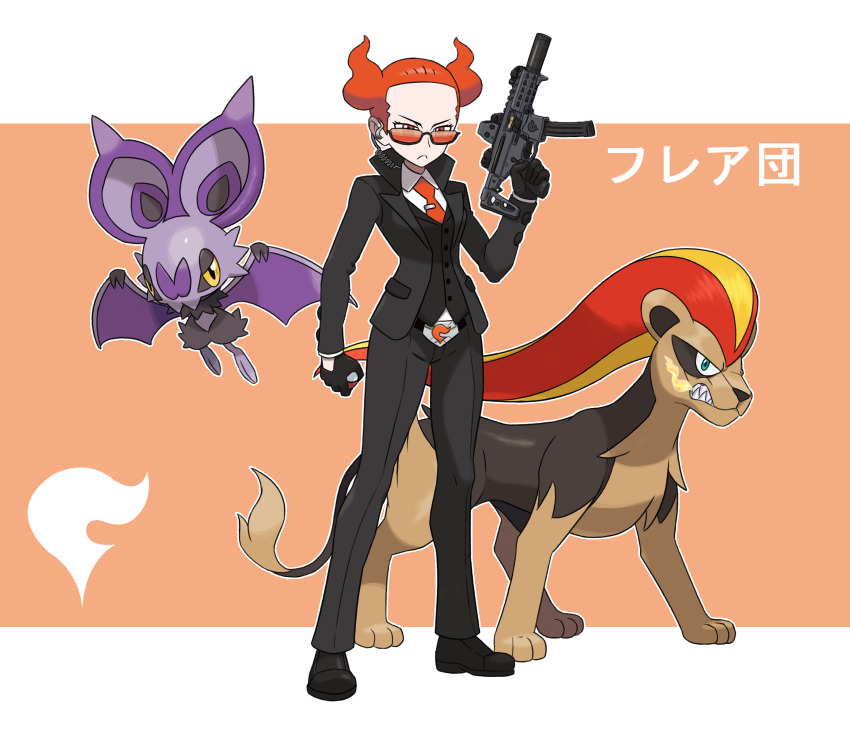 1girl alternate_color black_footwear black_gloves black_jacket black_pants black_suit earpiece formal_clothes gen_6_pokemon gloves gun highres holding holding_gun holding_poke_ball holding_weapon jacket necktie nintendo noibat pants poke_ball poke_ball_(basic) pokemon pokemon_(creature) pokemon_xy pyroar pyroar_(female) red-tinted_eyewear red_eyes red_hair red_necktie shirt shoes short_hair submachine_gun suit sunglasses suppressor team_flare_grunt team_flare_logo thegraffitisoul tinted_eyewear trigger_discipline weapon white_shirt