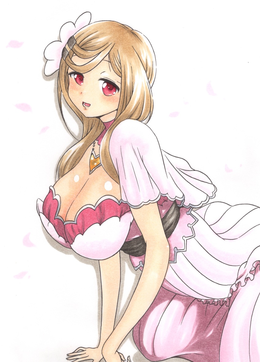absurdres ajikeneko blonde_hair breasts cleavage_cutout clothing_cutout dress highres kurusu_alexandra large_breasts long_hair looking_at_viewer magia_record:_mahou_shoujo_madoka_magica_gaiden magical_girl mahou_shoujo_madoka_magica purple_eyes soul_gem white_dress