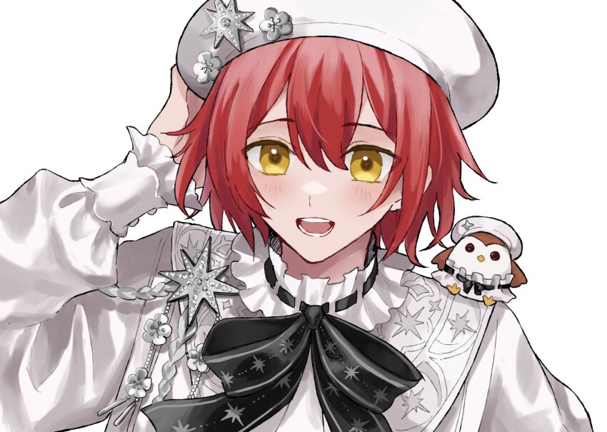 1boy animal animal_on_shoulder bird bird_on_shoulder bishounen black_ribbon blush commentary flower frilled_shirt_collar frills hair_between_eyes hanasaki_miyabi hand_up happy hat holostars jewelry long_sleeves looking_at_viewer male_focus mioto_(tsubsq_m) neck_ribbon open_mouth red_hair ribbon shirt short_hair smile solo virtual_youtuber white_background white_hat white_shirt yellow_eyes