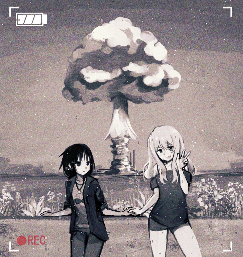 2girls absurdres bare_shoulders bra_strap chito_(shoujo_shuumatsu_ryokou) collarbone erroten explosion film_grain grass highres holding_hands jacket jewelry long_hair looking_at_viewer multiple_girls necklace nuclear_explosion off-shoulder_shirt off_shoulder open_clothes open_jacket open_mouth outdoors pants shirt short_shorts short_sleeves shorts shoujo_shuumatsu_ryokou smile w yuuri_(shoujo_shuumatsu_ryokou)