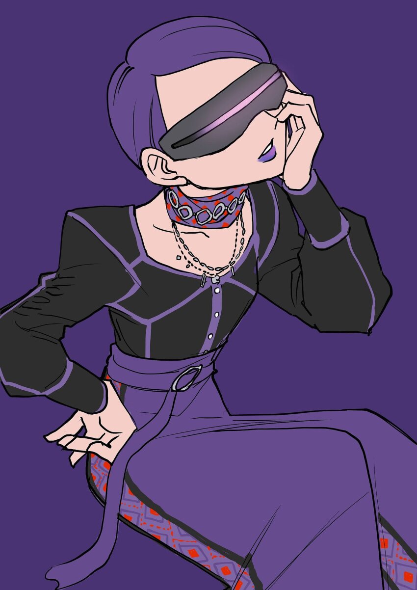 1girl alternate_costume belt black_shirt buttons celosia_(pokemon) collarbone commentary elizabeth_(tomas21) hand_on_own_hip hand_up head-mounted_display head_back highres jewelry lipstick long_sleeves loose_belt makeup necklace nintendo parted_lips pokemon pokemon_xy purple_background purple_belt purple_hair purple_lips purple_skirt shirt short_hair simple_background sitting skirt solo team_flare