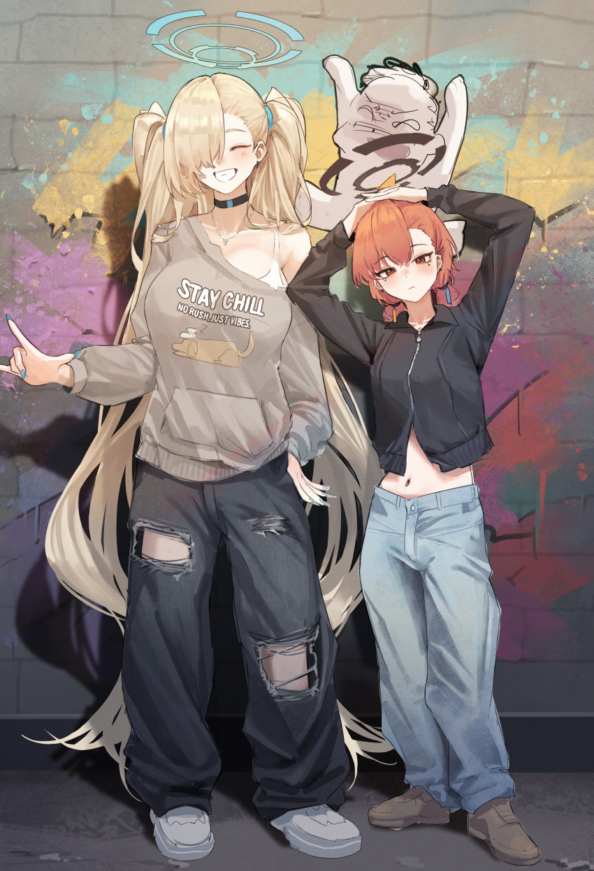 2girls \m/ ^_^ absurdres alternate_costume alternate_hairstyle asuna_(blue_archive) asymmetrical_bangs black_choker black_jacket blonde_hair blue_archive bra breasts brick_wall casual choker closed_eyes commentary denim doodle_sensei_(blue_archive) drawing_(object) earrings facing_viewer fingernails ggz_(gguzal_95) grey_hoodie grin hair_over_one_eye halo hands_on_own_head highres hood hoodie jacket jeans jewelry large_breasts long_hair looking_at_viewer mole mole_under_each_eye mole_under_eye multiple_girls multiple_moles nail_polish navel necklace neru_(blue_archive) one_eye_covered orange_hair outdoors own_hands_together pants sensei_(blue_archive) shoes short_twintails single_bare_shoulder smile sneakers torn_clothes torn_pants twintails underwear very_long_hair white_bra