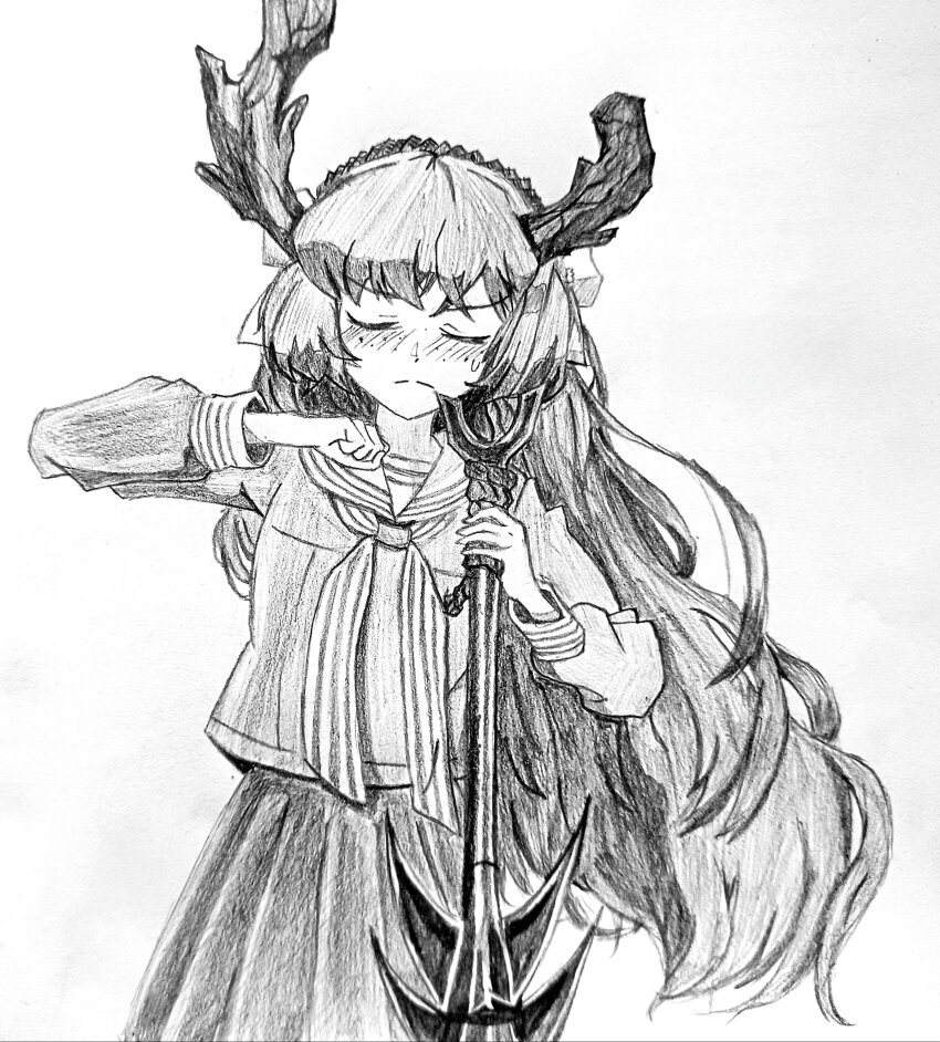 &gt;:( 1girl absurdres antlers blush closed_eyes freckles graphite_(medium) highres holding_harpoon horns ishmael_(project_moon) limbus_company lnimbus2000 long_hair long_sleeves meme neckerchief pleated_skirt project_moon r_corp._(identity)_(project_moon) reindeer_antlers sailor_collar sailor_shirt shikairo_days_dance_(meme) shirt simple_background skirt snagharpoon_(e.g.o) solo striped_neckerchief sweat traditional_media v-shaped_eyebrows very_long_hair white_background