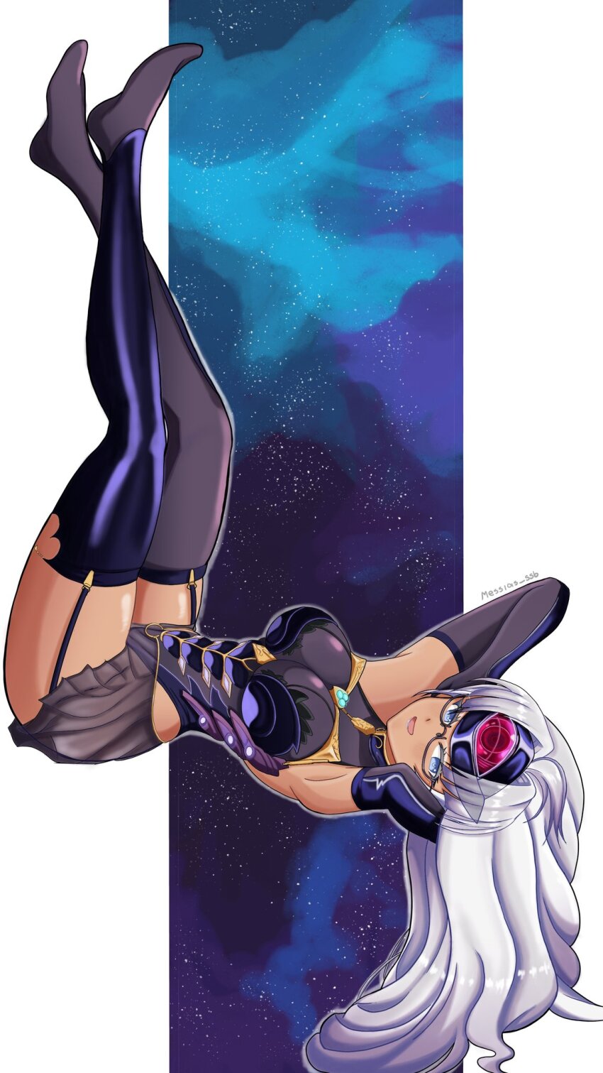 1girl black_leotard black_thighhighs blue_eyes border breasts dark-skinned_female dark_skin full_body glasses grey_hair headgear highres large_breasts legs_up leotard long_hair lying messias_ssb monolith_soft on_back see-through_clothes see-through_leotard semi-rimless_eyewear solo t-elos t-elos_re: thighhighs under-rim_eyewear white_border xeno_(series) xenoblade_chronicles_(series) xenoblade_chronicles_2 xenogears xenosaga