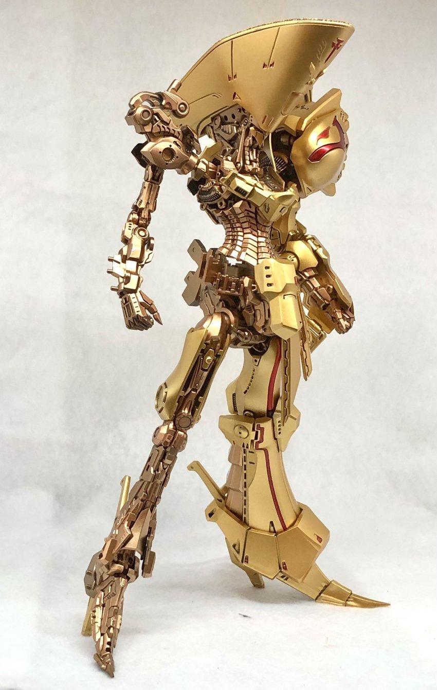 clenched_hands five_star_stories highres kazuyoshi_kaneko knight_of_gold looking_down mecha model_kit model_kit_(medium) mortar_headd no_humans photo_(medium) red_eyes robot solo standing unconventional_media unworn_armor