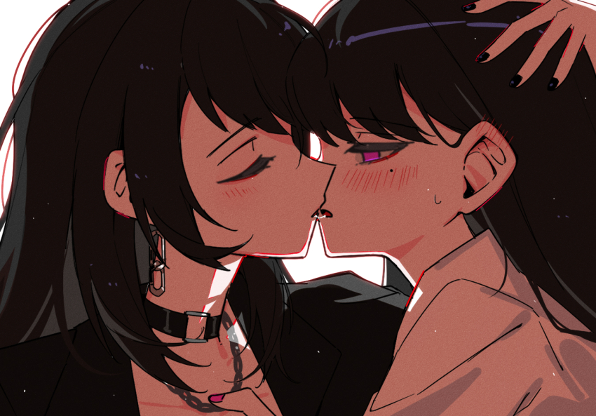 2girls bang_dream! bang_dream!_it&#039;s_mygo!!!!! black_choker black_hair black_jacket black_nails blush brown_hair chain chain_necklace choker closed_eyes commentary ear_blush hand_on_another&#039;s_head hashtag-only_commentary jacket jewelry kiss long_hair mole mole_under_eye multiple_girls necklace purple_eyes saliva saliva_trail shiina_taki shirt simple_background white_background white_shirt yahata_umiri yuri zikiki1092