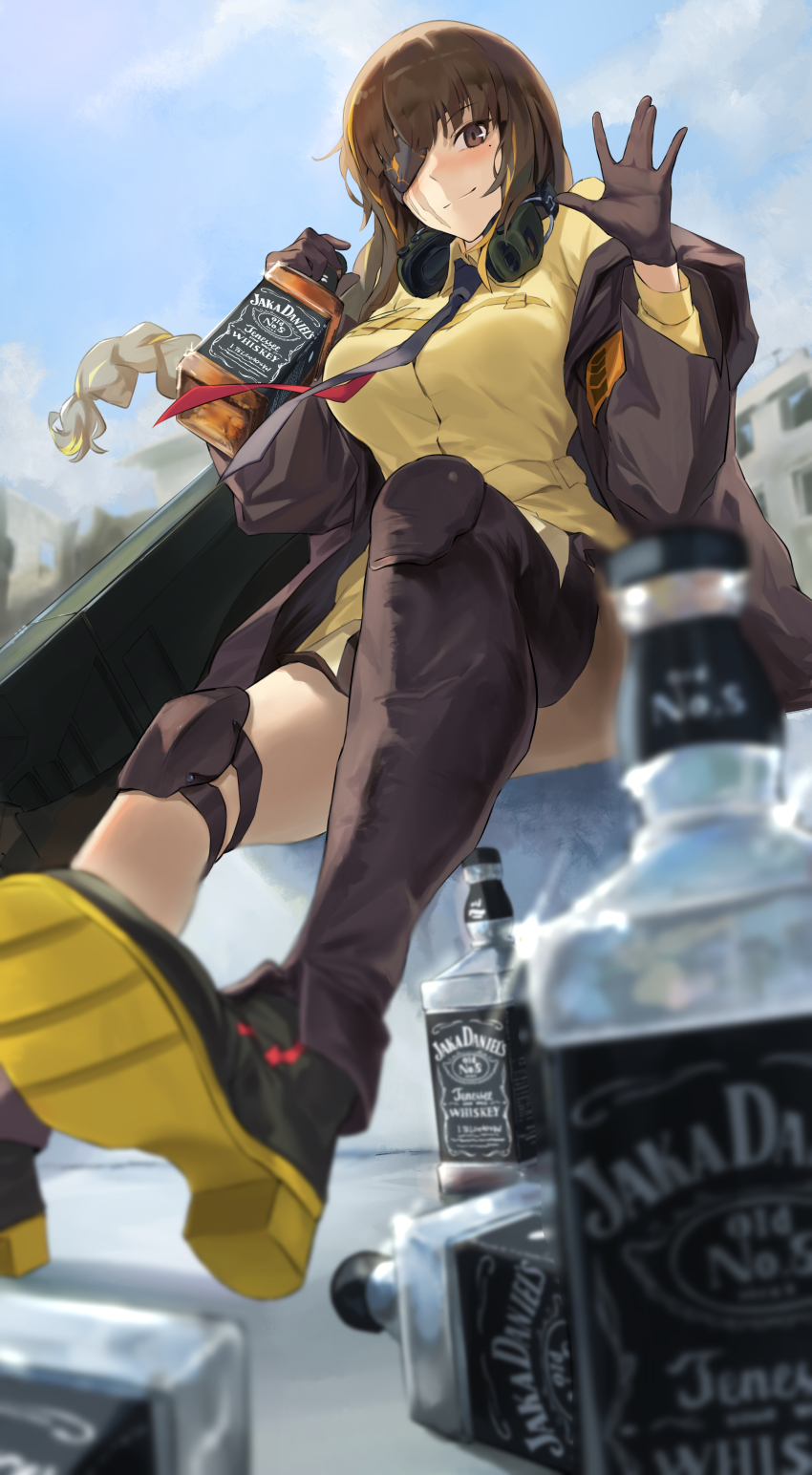 1girl absurdres alcohol asymmetrical_legwear black_coat black_gloves black_necktie black_socks black_thighhighs blue_sky blush bottle breasts brown_eyes brown_hair closed_mouth cloud cloudy_sky coat commentary commission empty_bottle english_commentary eyepatch girls&#039;_frontline gloves headphones headphones_around_neck highres holding holding_bottle jack_daniel&#039;s knee_pads large_breasts looking_at_viewer m16a1_(girls&#039;_frontline) mole mole_under_eye multicolored_hair necktie off_shoulder omeletricetaro3 orange_hair red_necktie scar scar_across_eye scar_on_face shirt single_knee_pad sitting sky smile socks solo streaked_hair thighhighs two-tone_necktie whiskey yellow_shirt