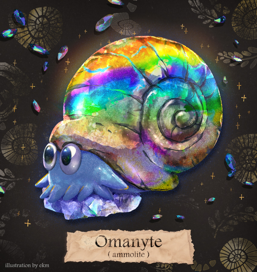 ammonite animal_focus artist_name black_background black_eyes blue_gemstone character_name creatures_(company) ekm english_text from_side full_body game_freak gem gen_1_pokemon highres nintendo no_humans omanyte pokemon pokemon_(creature) rainbow_gradient shell solo sparkle