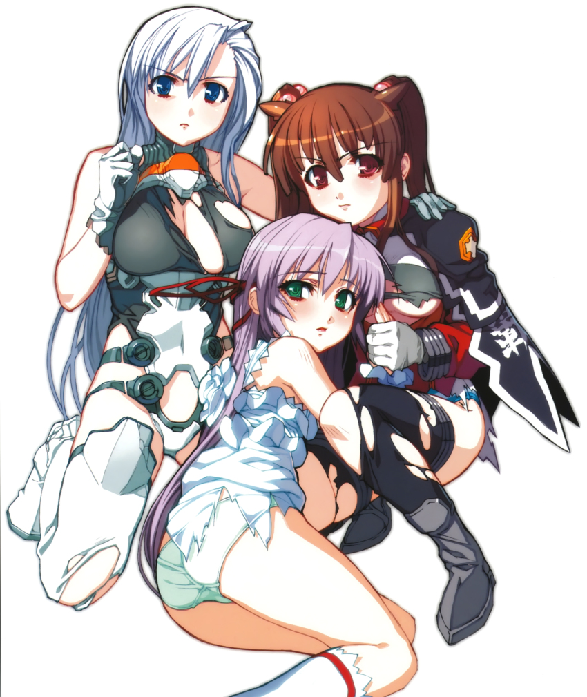 00s 3girls absurdres al_azif_(demonbane) black_socks blue_eyes blue_panties breasts breasts_apart brown_hair cleavage clothes_writing demonbane dress embarrassed frown full_body gloves green_eyes green_panties hadou_ruri hair_between_eyes highres holding_hands kneehighs legs_apart legs_together leotard light_purple_hair long_hair metatron metatron_(demonbane) multiple_girls nishii_(damnedrive) nitroplus no_bra official_art panties parted_bangs red_eyes scowl shrug_(clothing) simple_background skirt socks striped_clothes striped_panties thighhighs thighs torn_clothes torn_dress torn_legwear torn_leotard torn_skirt two_side_up underwear v-shaped_eyebrows very_long_hair white_background white_hair white_legwear