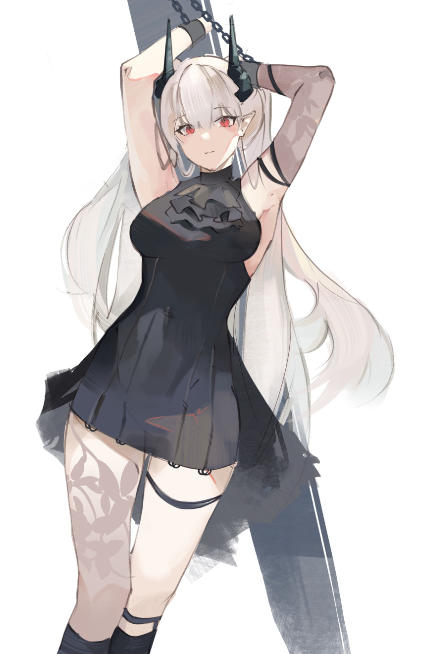 1girl absurdres against_pillar arknights armpits black_dress blank_eyes breasts chain chained chained_sarkaz_girl cuffs demon_girl demon_horns dress eyes_visible_through_hair gloves grey_hair hair_between_eyes highres horns long_hair looking_at_viewer medium_breasts pointy_ears red_eyes saturn_(saturn_illus) single_leg_pantyhose single_sleeve solo thigh_strap tied_to_stake twintails very_long_hair