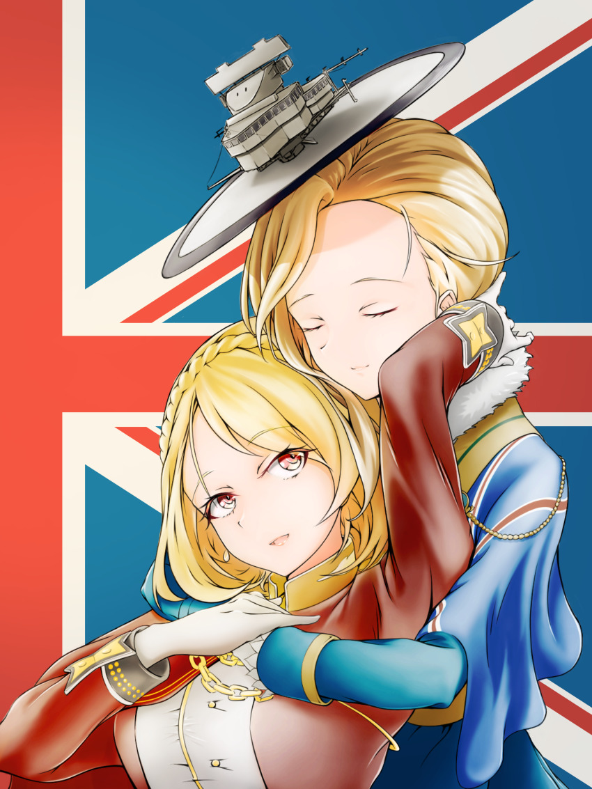 2girls absurdres ascot azur_lane ballpoint_pen_(medium) blonde_hair blue_dress blue_eyes braid capelet crown_braid dress graphite_(medium) hair_over_shoulder hat highres hood_(azur_lane) huge_filesize long_hair madakov_kodima mechanical_pencil multiple_girls pen_(medium) pencil prince_of_wales_(azur_lane) red_eyes swept_bangs tilted_headwear traditional_media union_jack white_headwear