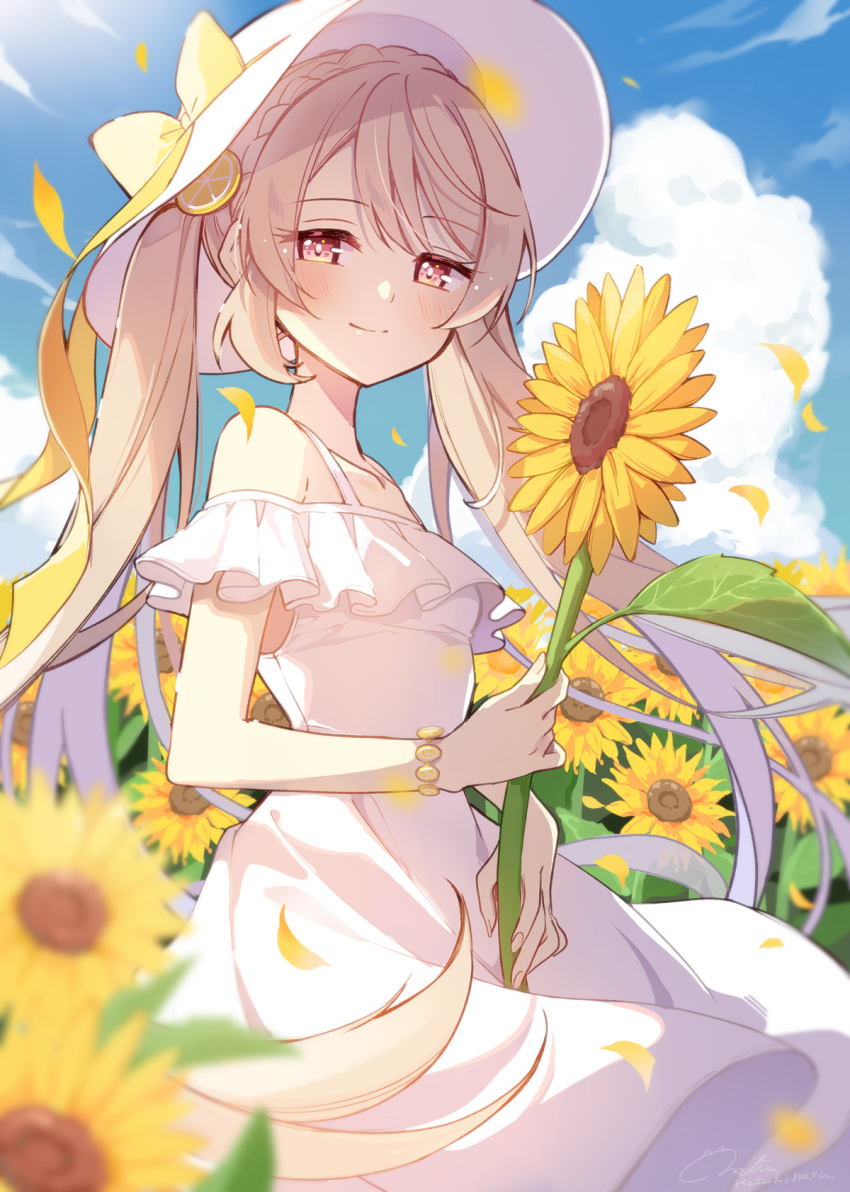 1girl blonde_hair blue_sky blurry blurry_foreground blush bracelet closed_mouth colored_inner_hair commentary_request dress feet_out_of_frame flower hat hazuki_natsu highres holding holding_flower jewelry looking_at_viewer multicolored_hair off_shoulder original pink_eyes purple_hair sky smile solo sun_hat sunflower twintails white_dress white_hat